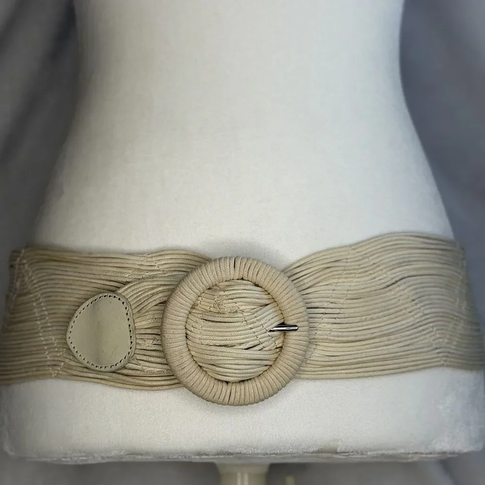 Coldwater Creek Ivory Wide Woven Cotton Belt Faux‎ Leather Accents Statement S/M